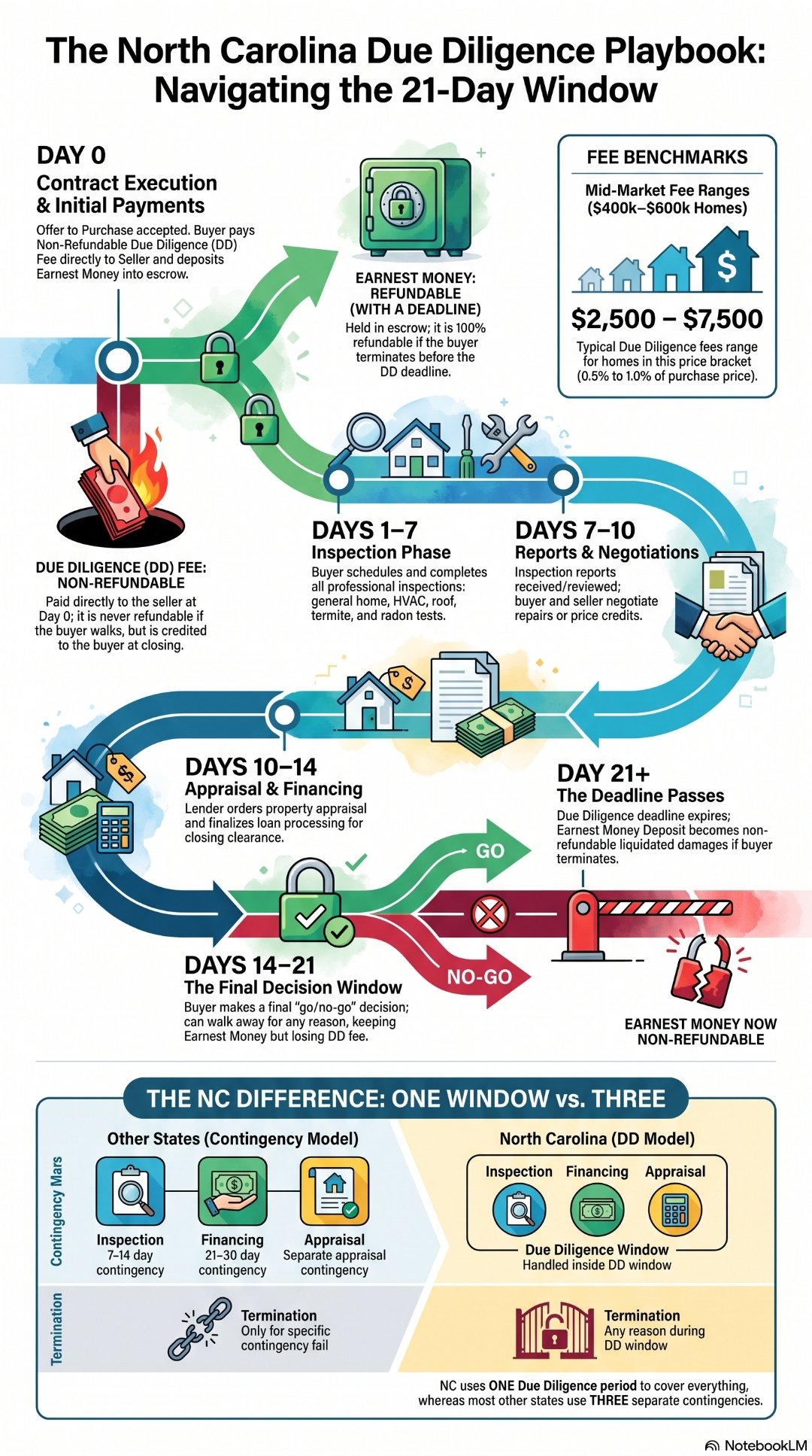 North Carolina Due Diligence Playbook 2026 — visual timeline from Day 0 contract execution through Day 21 deadline. Shows DD fee non-refundable at Day 0, earnest money refundable during DD period then non-refundable after Day 21, typical fee ranges $2,500 to $7,500 for $400K-$600K homes (0.5% to 1% of purchase price), and comparison of NC single-window model versus other states three-contingency model.