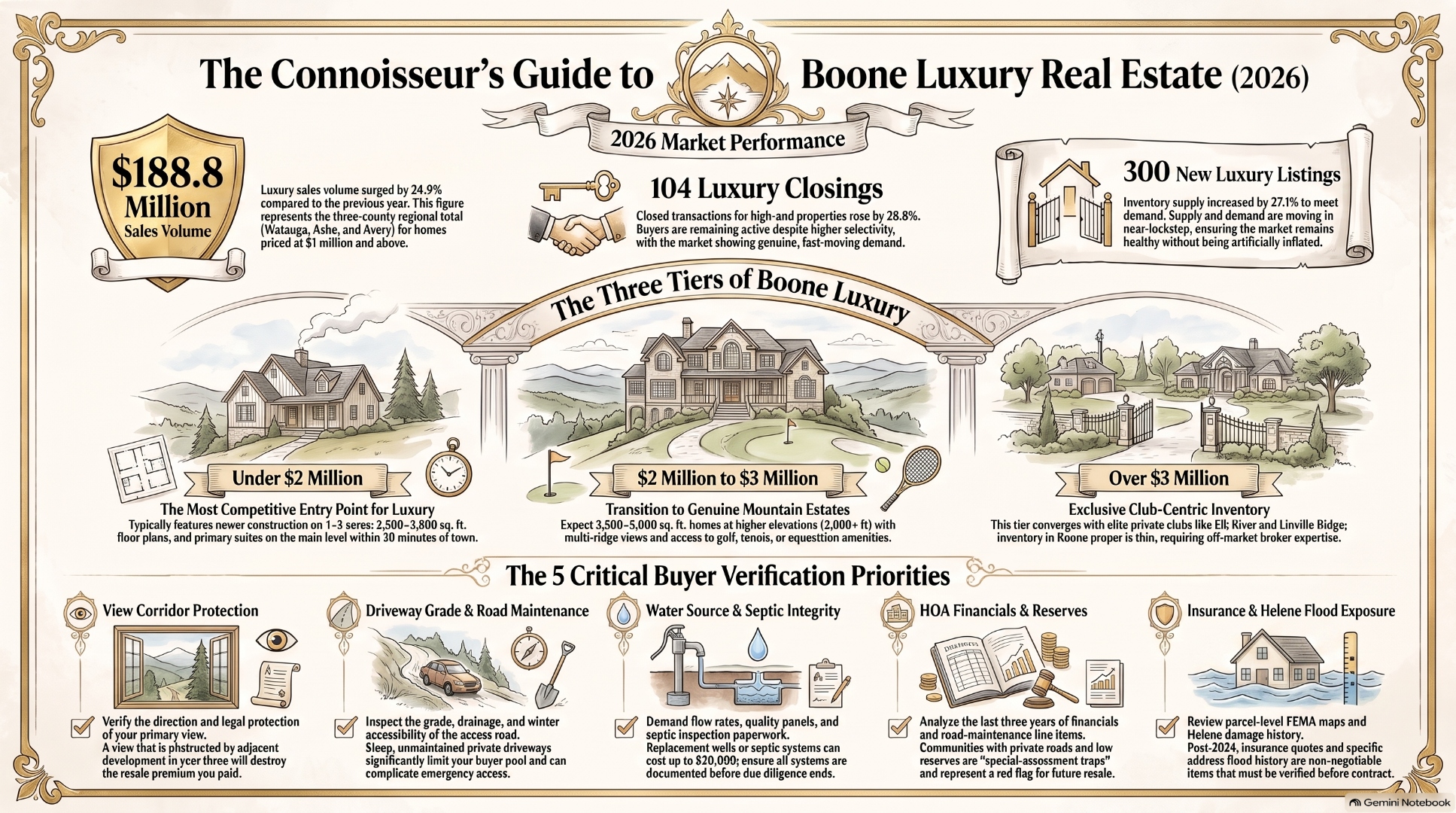 2026 Boone luxury estate guide infographic: three price bands, named communities, and year-two math