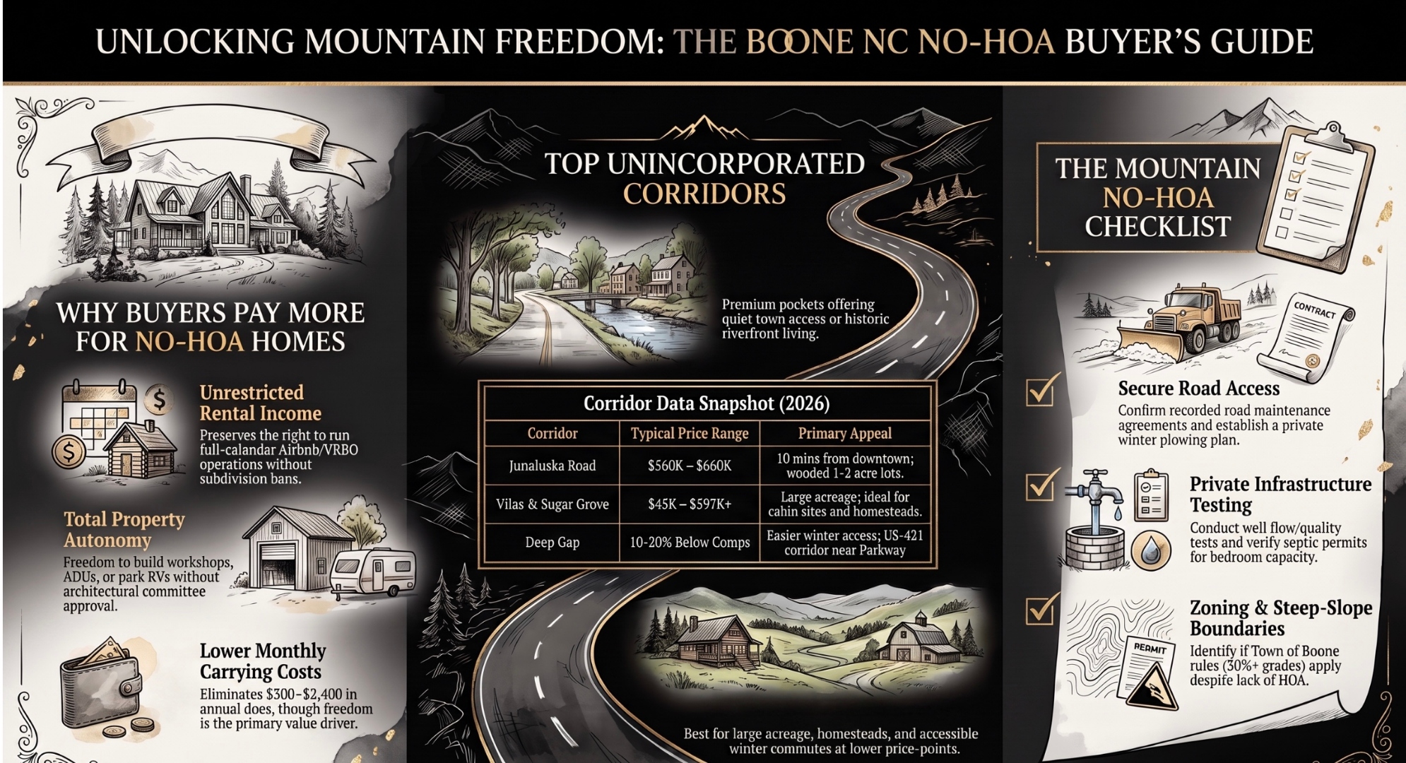 The Boone no-HOA buyer&rsquo;s field map: four unincorporated corridors, five due-diligence items, and the STR rule that still applies without an HOA.