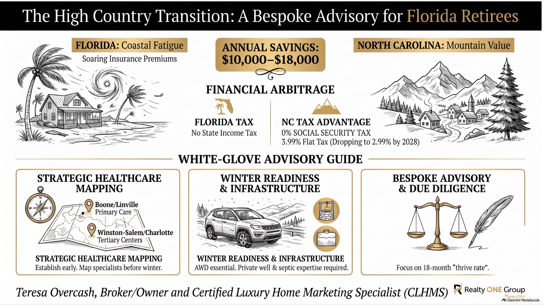 Infographic comparing Florida coastal fatigue with NC High Country mountain value: annual retiree savings of $10,000 to $18,000, NC 3.99 percent flat income tax with a scheduled drop to 2.99 percent by 2028 under current law, zero NC tax on Social Security, and three white-glove advisory pillars — strategic healthcare mapping, winter readiness and infrastructure, and bespoke advisory and due diligence.