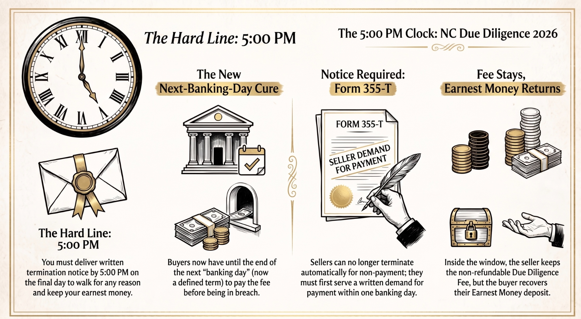The 5:00 PM Clock: NC Due Diligence 2026 infographic — 5pm deadline on the last DD day, next-banking-day cure window for the DD fee, required Form 355-T notice before termination, and who keeps the fee vs. earnest money when the deal ends