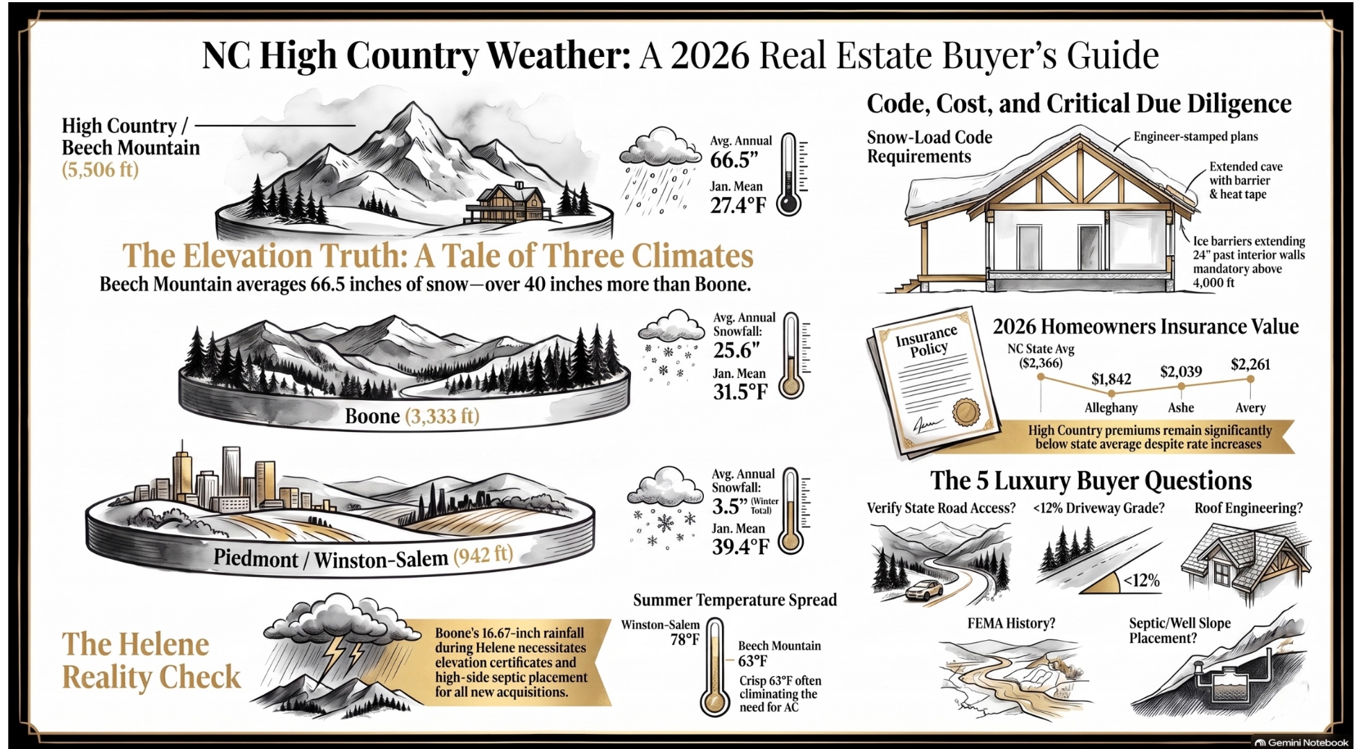 NC High Country Weather 2026 buyer&rsquo;s guide: Beech Mountain at 5,506 feet averages 66.5 inches of snow and 27.4&deg;F January mean; Boone at 3,333 feet averages 25.6 inches of snow and 31.5&deg;F January mean; Piedmont Winston-Salem at 942 feet averages 3.5 inches of snow and 39.4&deg;F January mean. Snow load code requires engineer-stamped plans, extended eave with ice barrier and heat tape, and ice barriers extending 24 inches past interior walls mandatory above 4,000 feet. 2026 average annual homeowners insurance premiums: NC state average $2,366, Alleghany $1,842, Ashe $2,039, Avery $2,261. Helene brought 16.67 inches of Boone rainfall in three days, necessitating elevation certificates and high-side septic placement. Summer temperature spread: Winston-Salem 78&deg;F, Beech Mountain 63&deg;F. Five luxury buyer questions: state road access, driveway grade under 12 percent, roof engineering, FEMA history, septic and well slope placement.