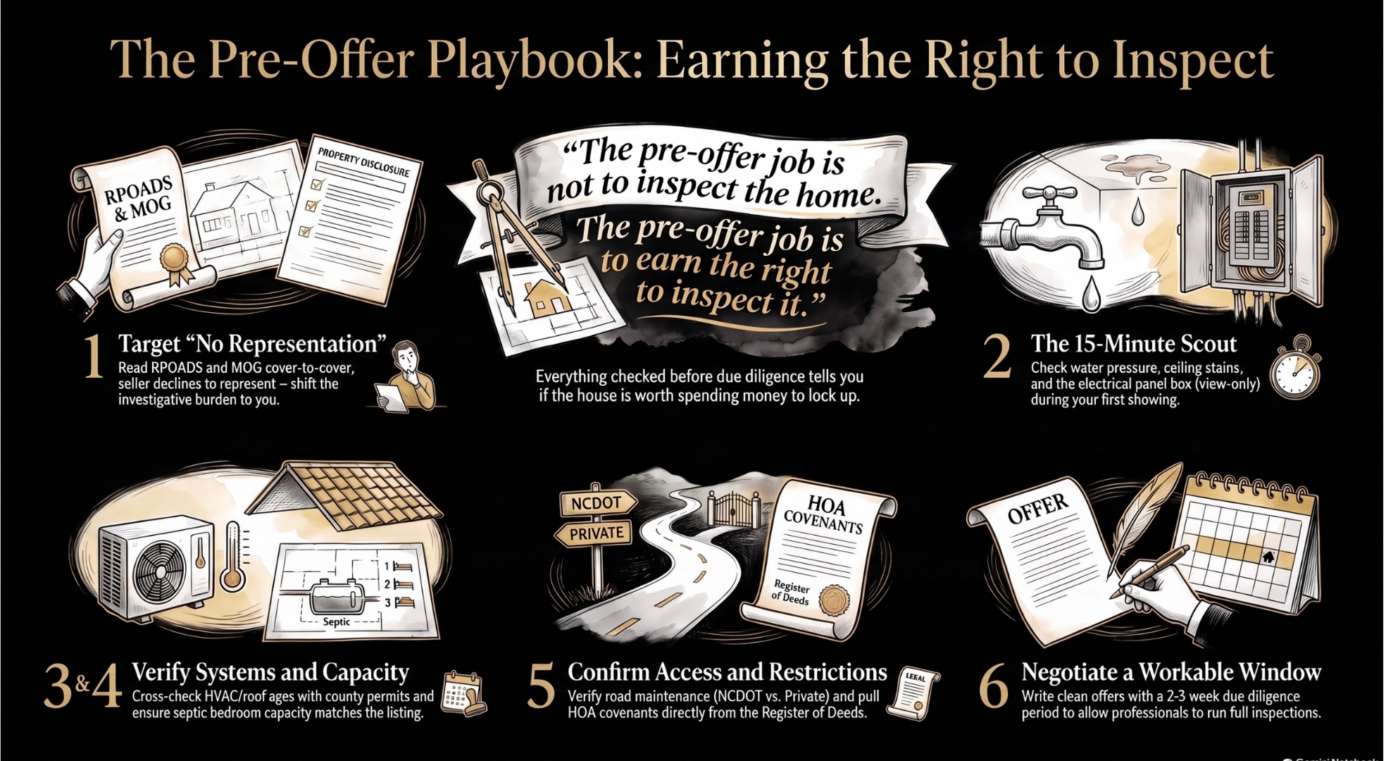 The 6-step NC pre-offer walkthrough checklist &mdash; every step, in order, before you spend a dollar of due diligence money.