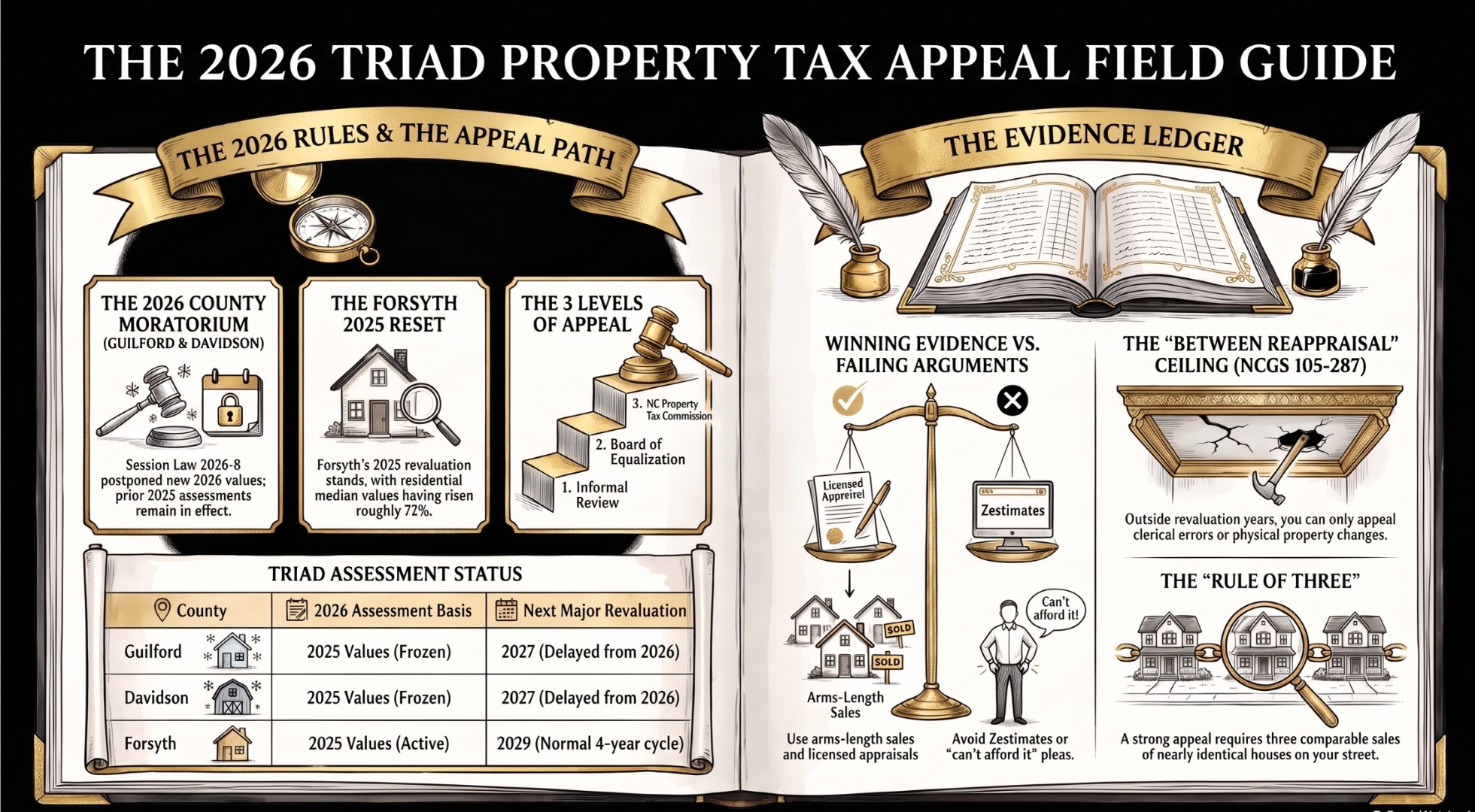 The 2026 Triad Property Tax Appeal Field Guide &mdash; deadlines, evidence, and county-by-county rates for Forsyth, Guilford, Davidson, and Davie