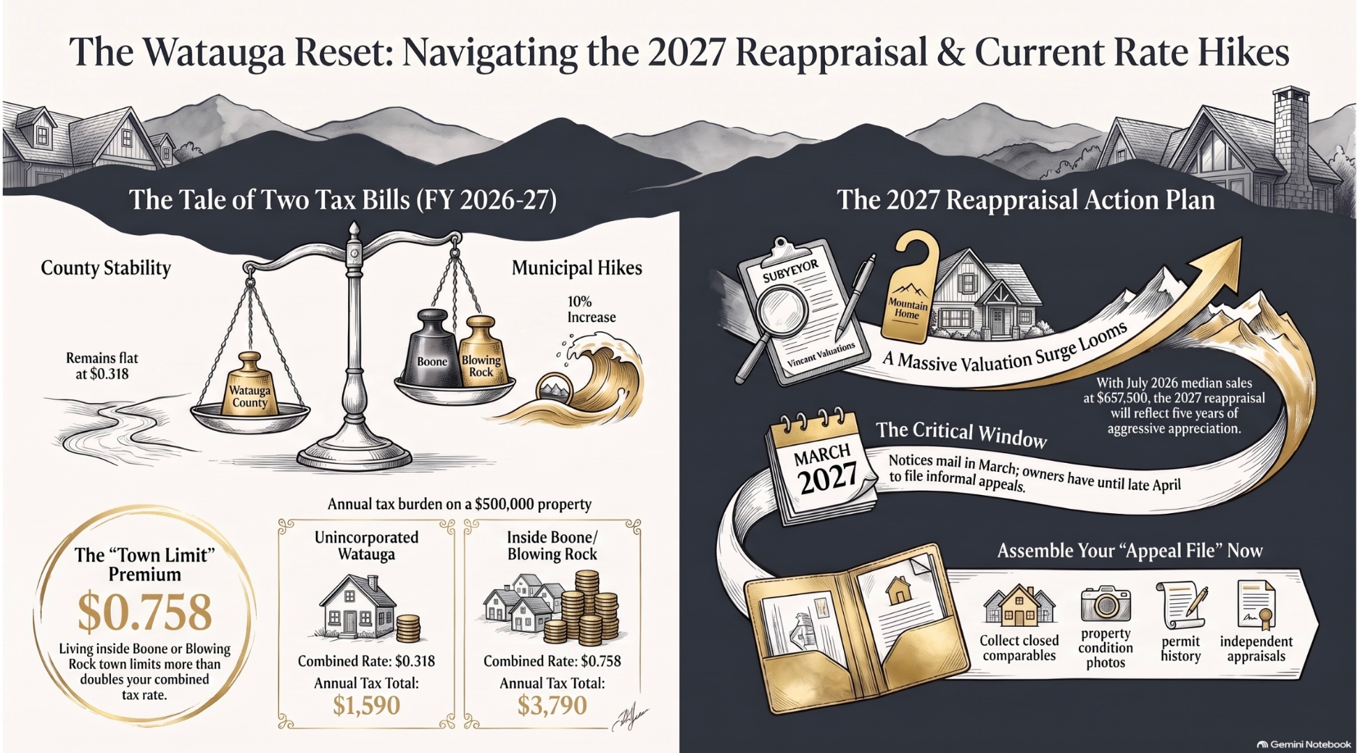 The Watauga Reset infographic: the FY2026-27 tale of two tax bills with Watauga County holding flat at $0.318 while Boone and Blowing Rock raise town rates 10 percent to $0.44; the town-limit premium math showing $1,590 unincorporated versus $3,790 inside Boone or Blowing Rock on a $500,000 home; and the 2027 reappraisal action plan covering Vincent Valuations field work, the March 2027 notice mailing window, and the appeal file to build now with closed comparables, condition photos, permit history, and independent appraisals.