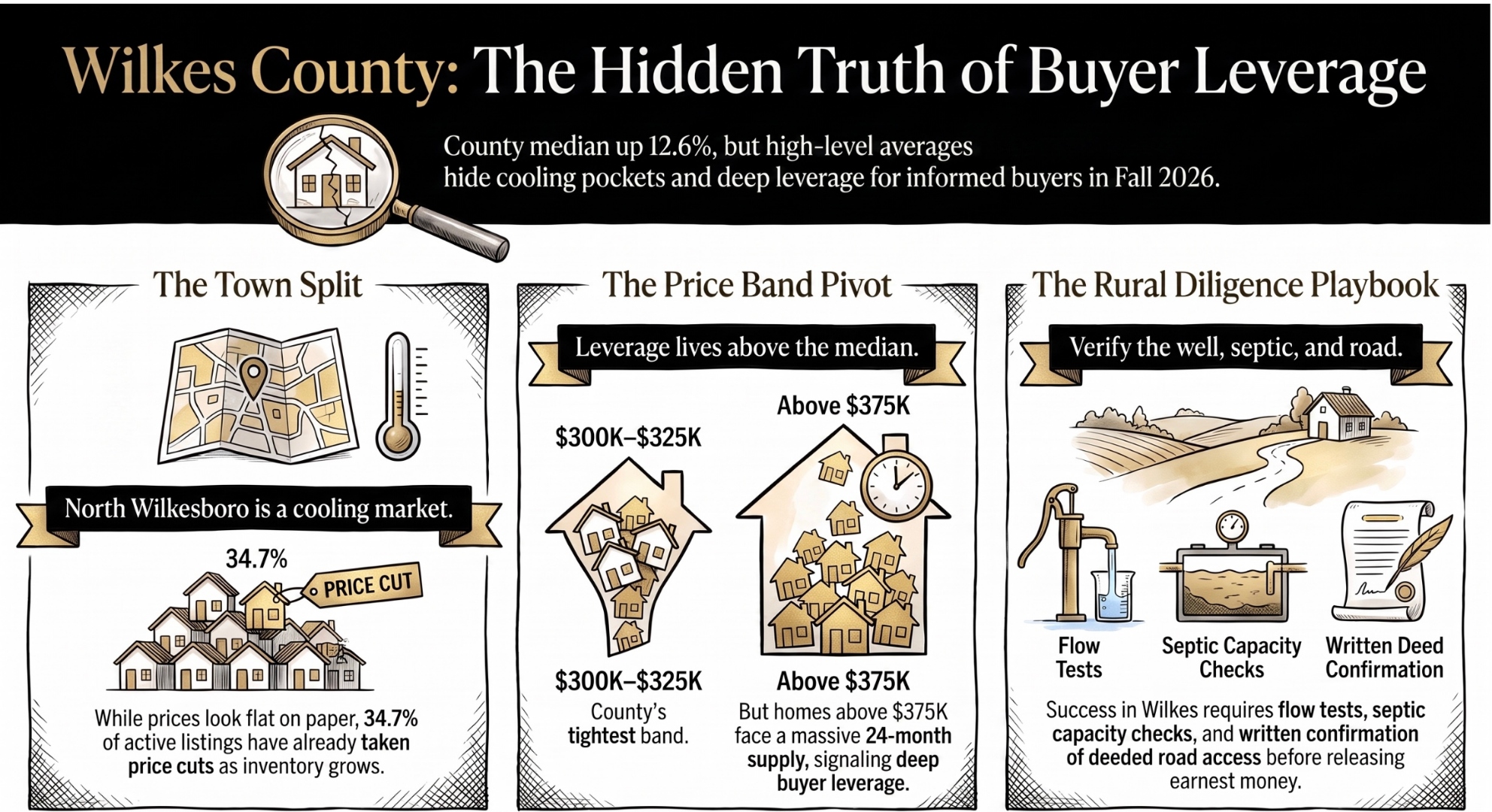 Wilkes County Fall 2026: the town split, the price-band pivot, and the rural diligence playbook.
