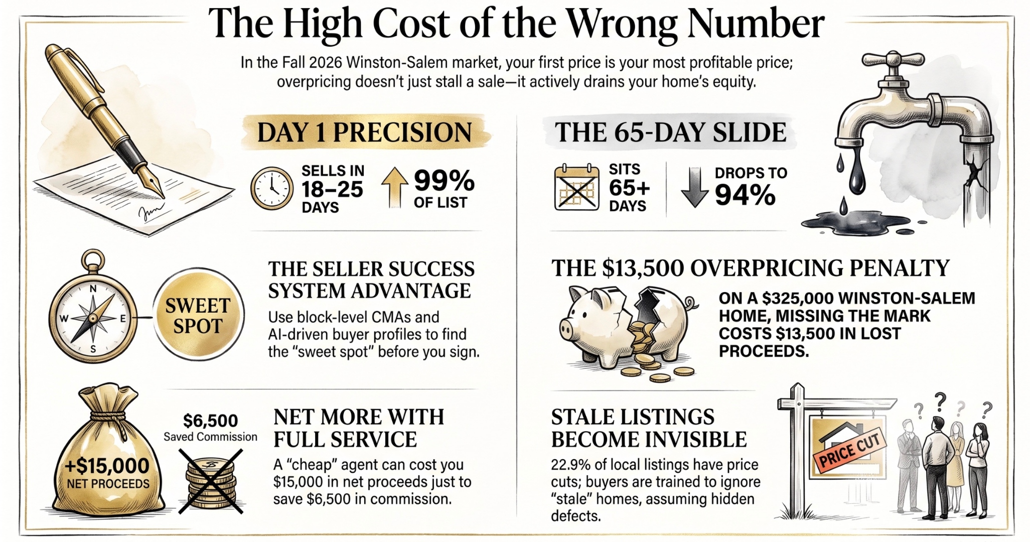 Priced right versus priced wrong in Winston-Salem fall 2026 — days on market, sale-to-list ratio, price cuts, and the net-dollar gap on a 325,000 dollar home. Sources: <a href=