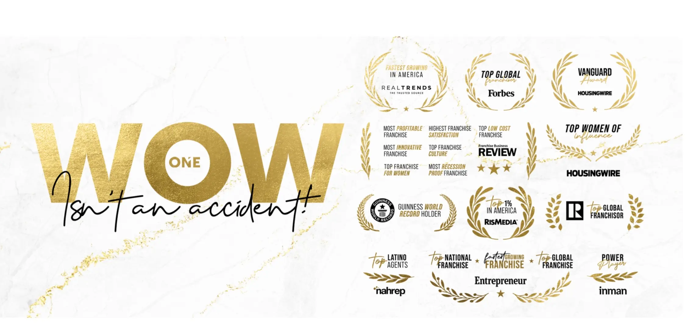 Realty ONE Group national awards and recognition including Forbes Top Global Franchise, RealTrends Fastest Growing in America, HousingWire Vanguard Award, Franchise Business Review Most Profitable and Most Innovative Franchise, Guinness World Record Holder, RISMedia Top 1 Percent in America, Entrepreneur Fastest Growing Franchise, Inman Power Player, and NAHREP Top Latino Agents